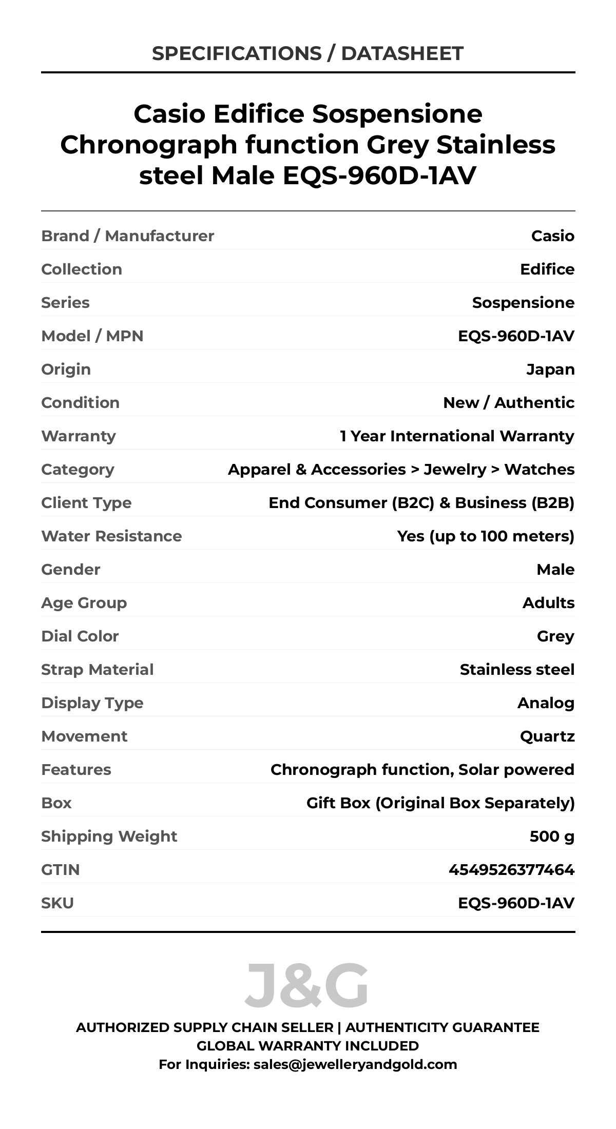 Casio Edifice Sospensione Chronograph function Grey Stainless steel Male EQS-960D-1AV - Specifications