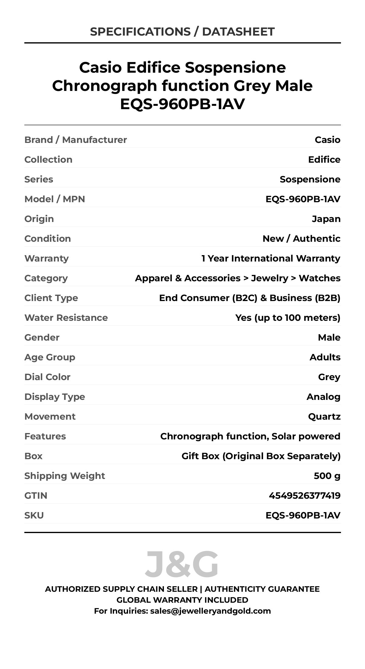 Casio Edifice Sospensione Chronograph function Grey Male EQS-960PB-1AV - Specifications