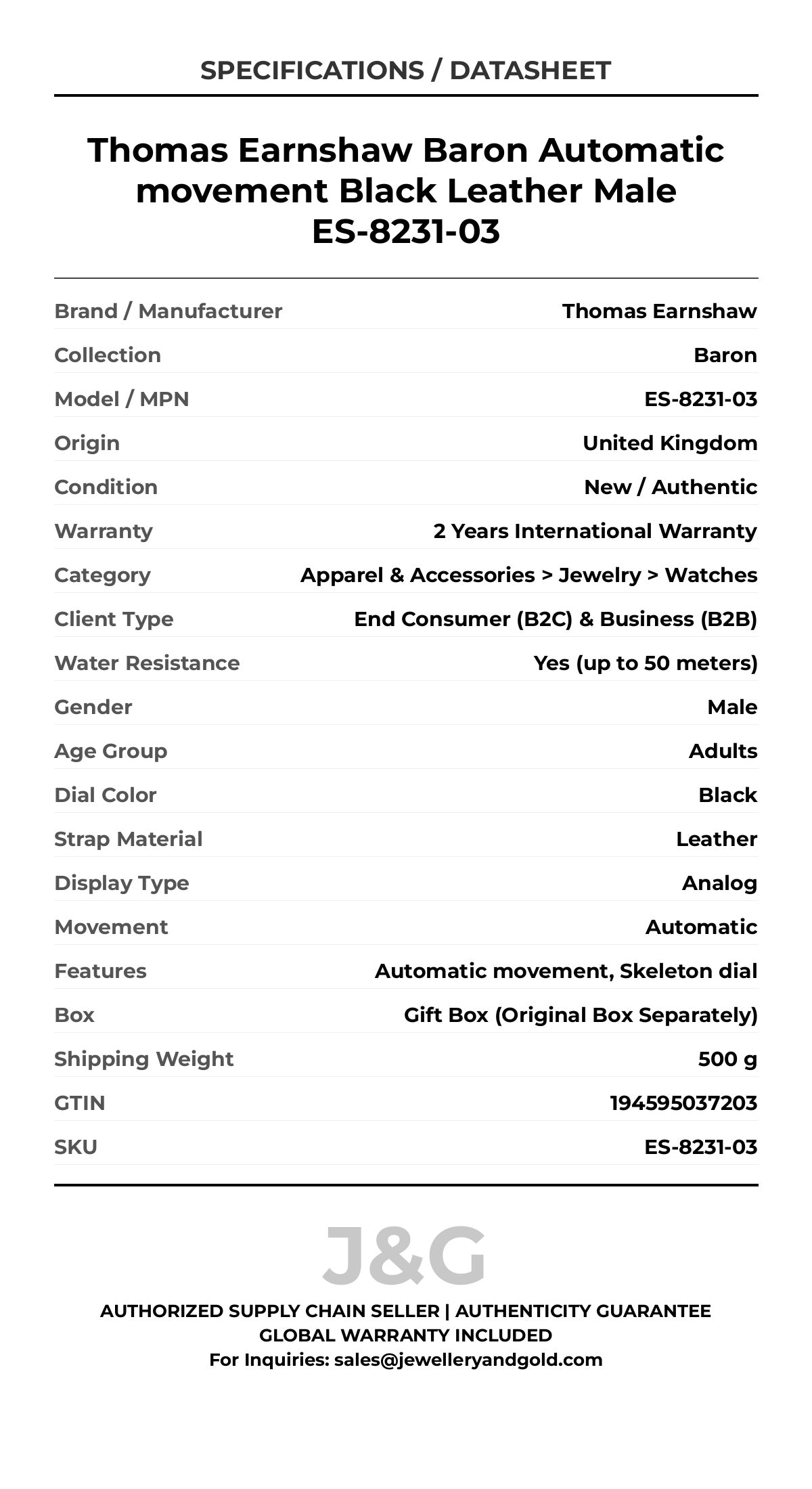 Thomas Earnshaw Baron Automatic movement Black Leather Male ES-8231-03 - Specifications