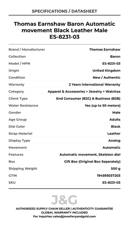 Thomas Earnshaw Baron Automatic movement Black Leather Male ES-8231-03 - Specifications