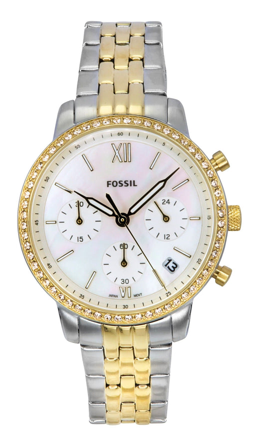 Fossil Neutra Date display Mother Of Pearl Stainless steel Female ES5216. A brand-new Fossil Neutra watch featuring a Mother Of Pearl dial and a Stainless steel strap. Side view.