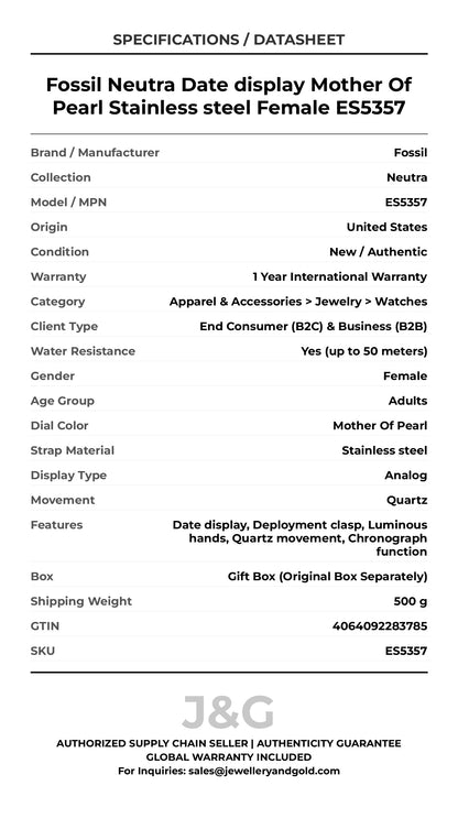 Fossil Neutra Date display Mother Of Pearl Stainless steel Female ES5357 - Specifications