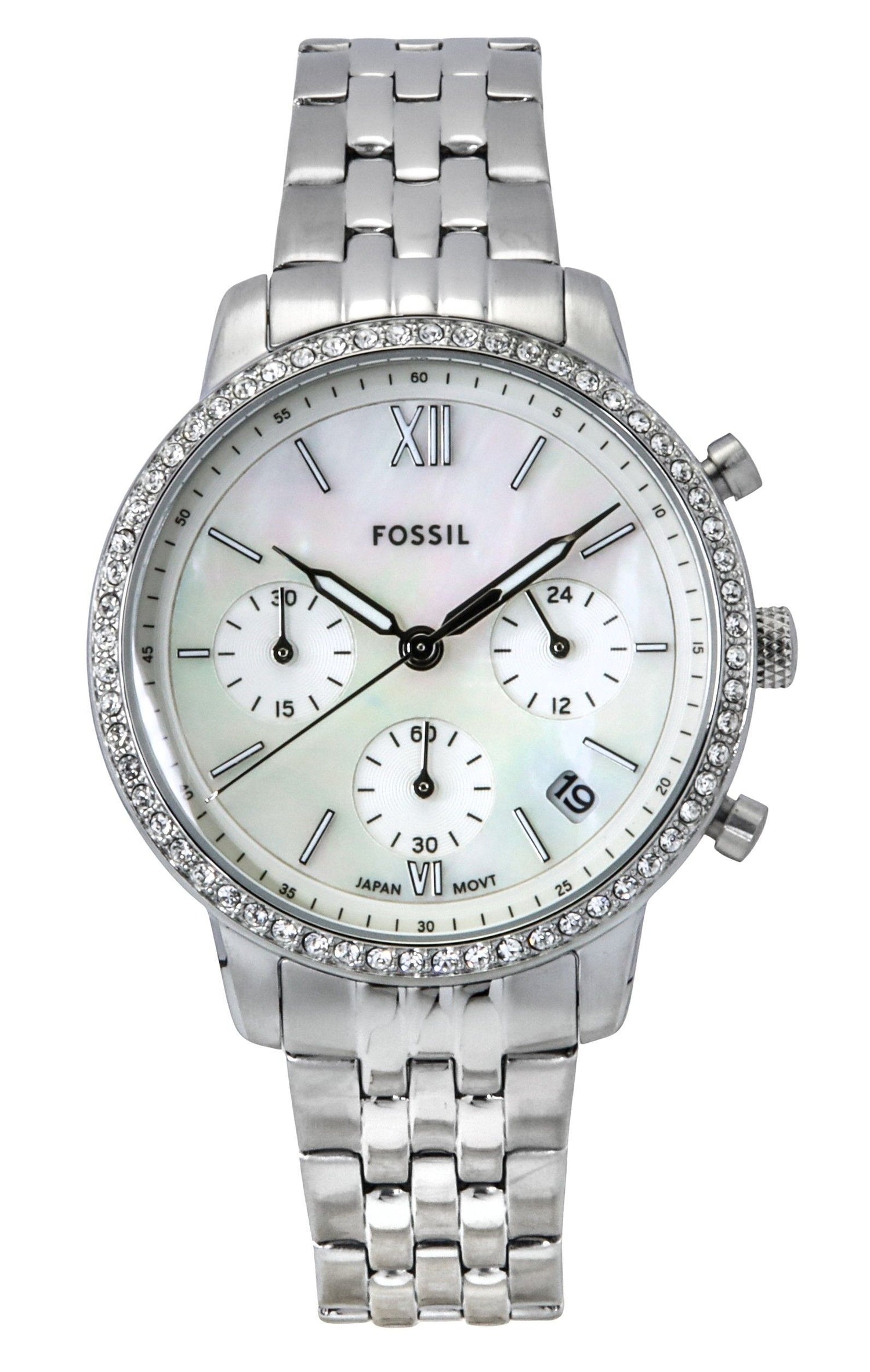 Fossil Neutra Date display Mother Of Pearl Stainless steel Female ES5357. A brand-new Fossil Neutra watch featuring a Mother Of Pearl dial and a Stainless steel strap. Side view.