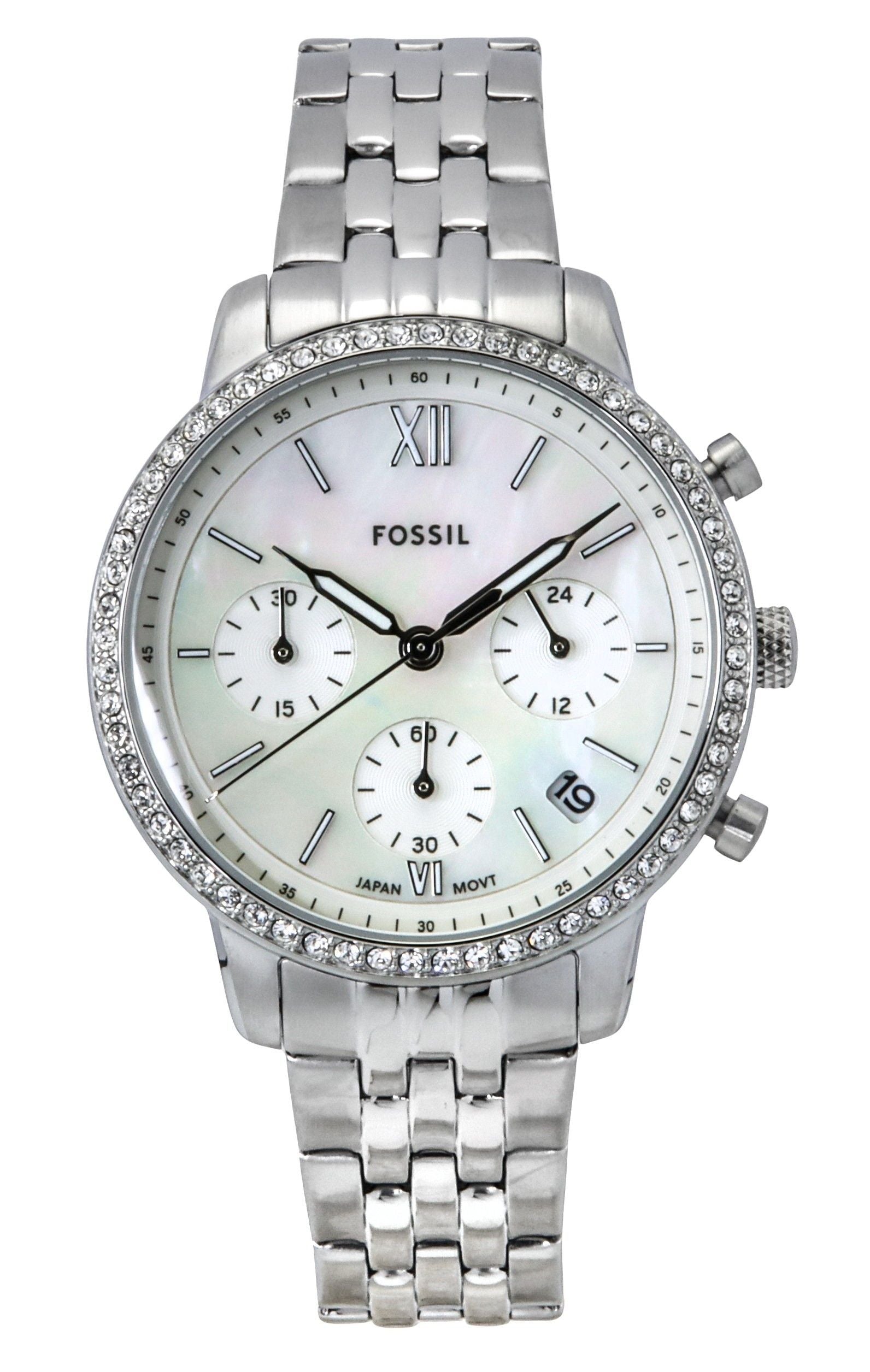 Fossil Neutra Date display Mother Of Pearl Stainless steel Female ES5357. A brand-new Fossil Neutra watch featuring a Mother Of Pearl dial and a Stainless steel strap. Side view.