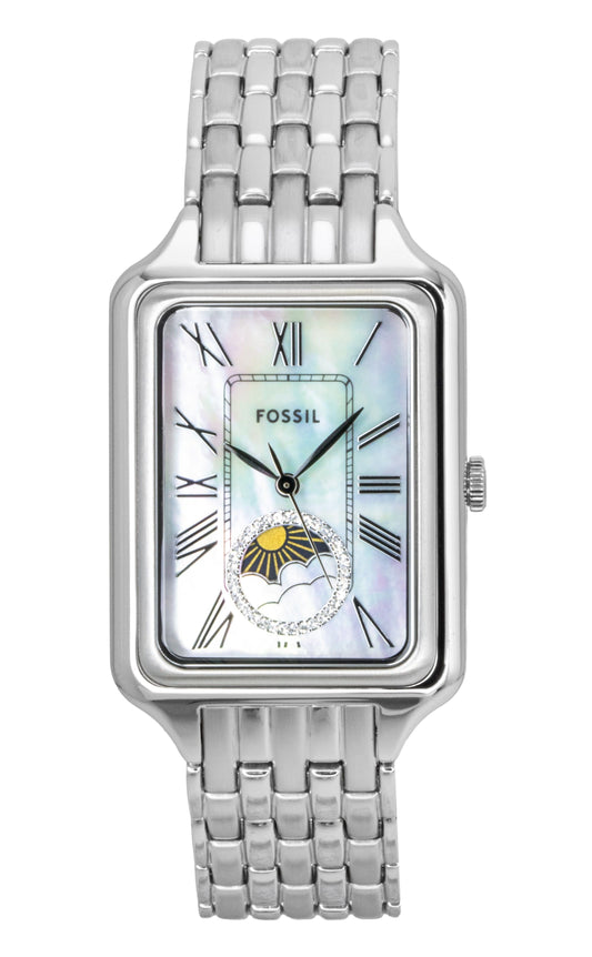 Fossil Raquel Date display Mother Of Pearl Stainless steel Female ES5400. A brand-new Fossil Raquel watch featuring a Mother Of Pearl dial and a Stainless steel strap. Angled view.
