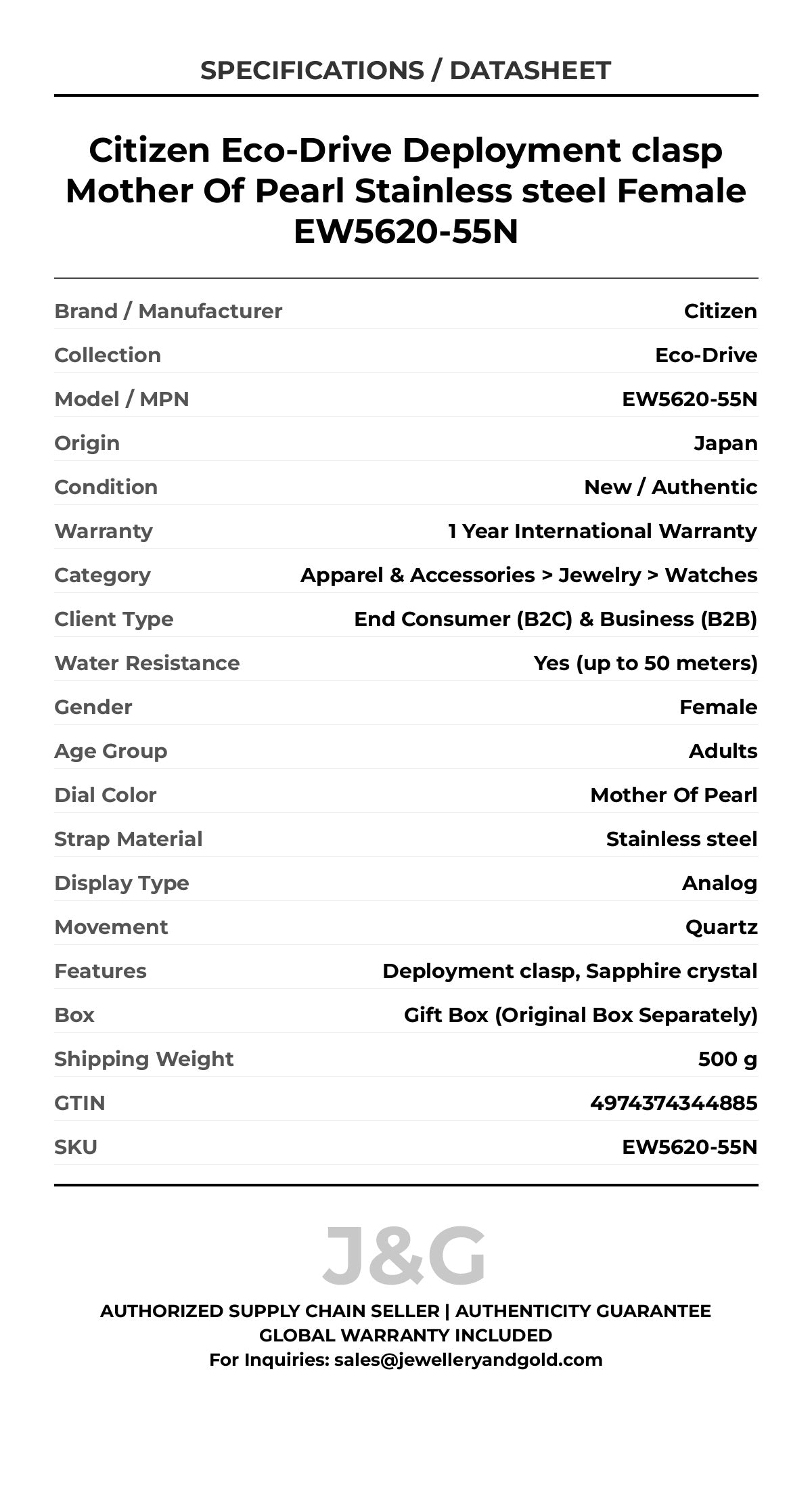 Citizen Eco-Drive Deployment clasp Mother Of Pearl Stainless steel Female EW5620-55N - Specifications
