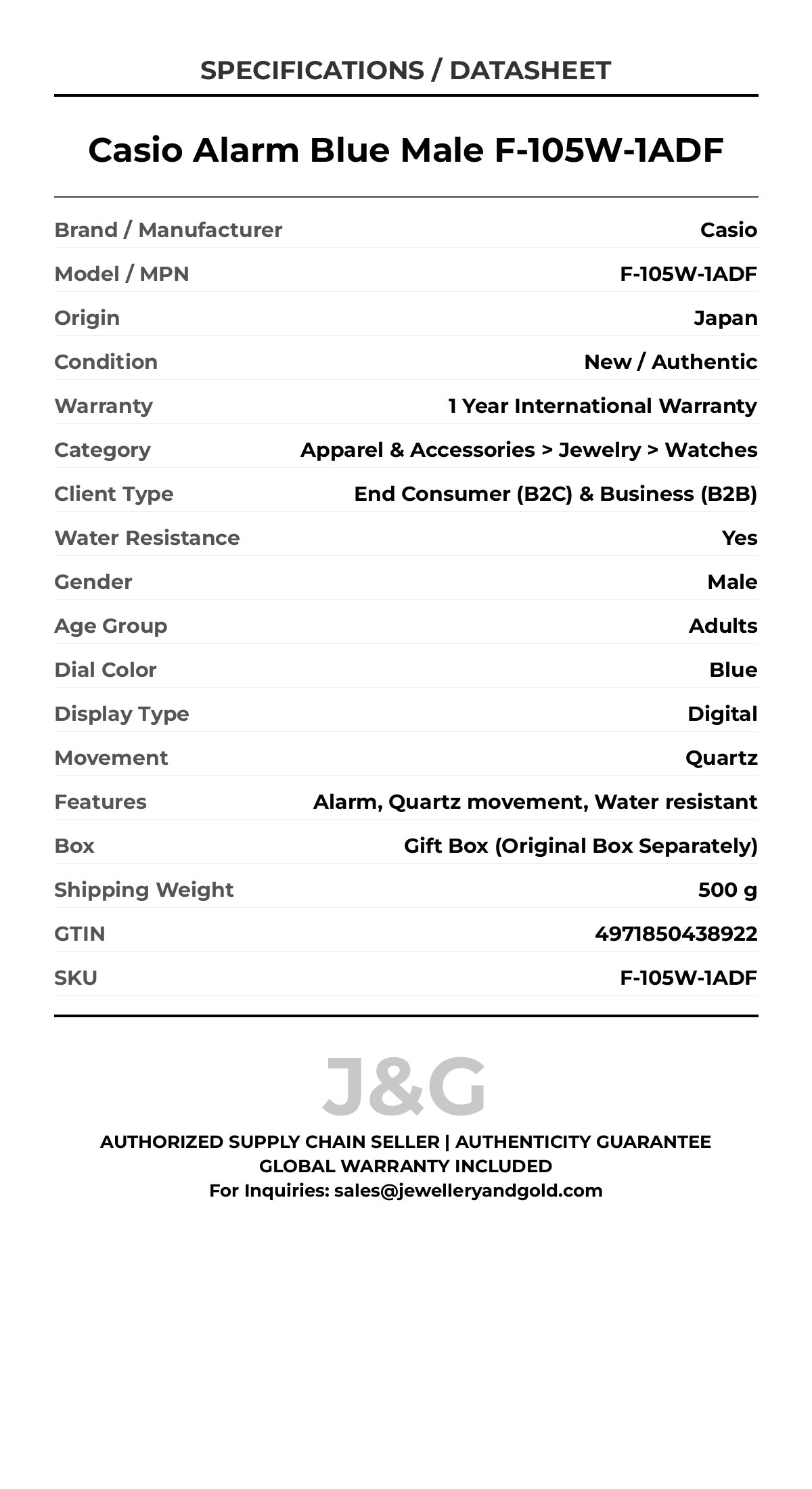 Casio Alarm Blue Male F-105W-1ADF - Specifications