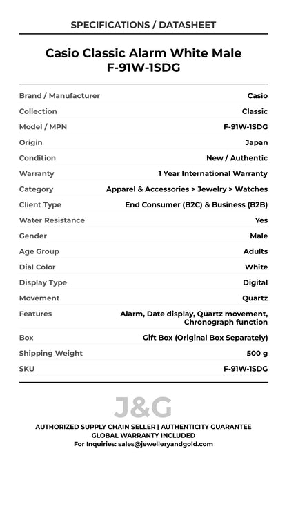 Casio Classic Alarm White Male F-91W-1SDG - Specifications