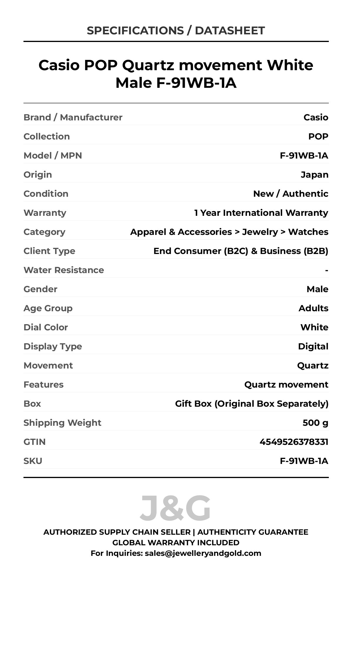Casio POP Quartz movement White Male F-91WB-1A - Specifications