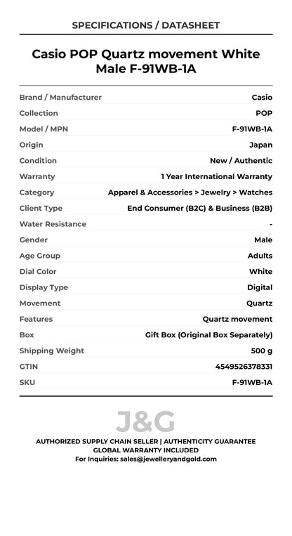 Casio POP Quartz movement White Male F-91WB-1A - Specifications