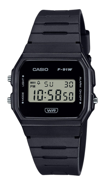 Casio POP Quartz movement White Male F-91WB-1A. A brand-new Casio POP watch featuring a White dial. Side view.