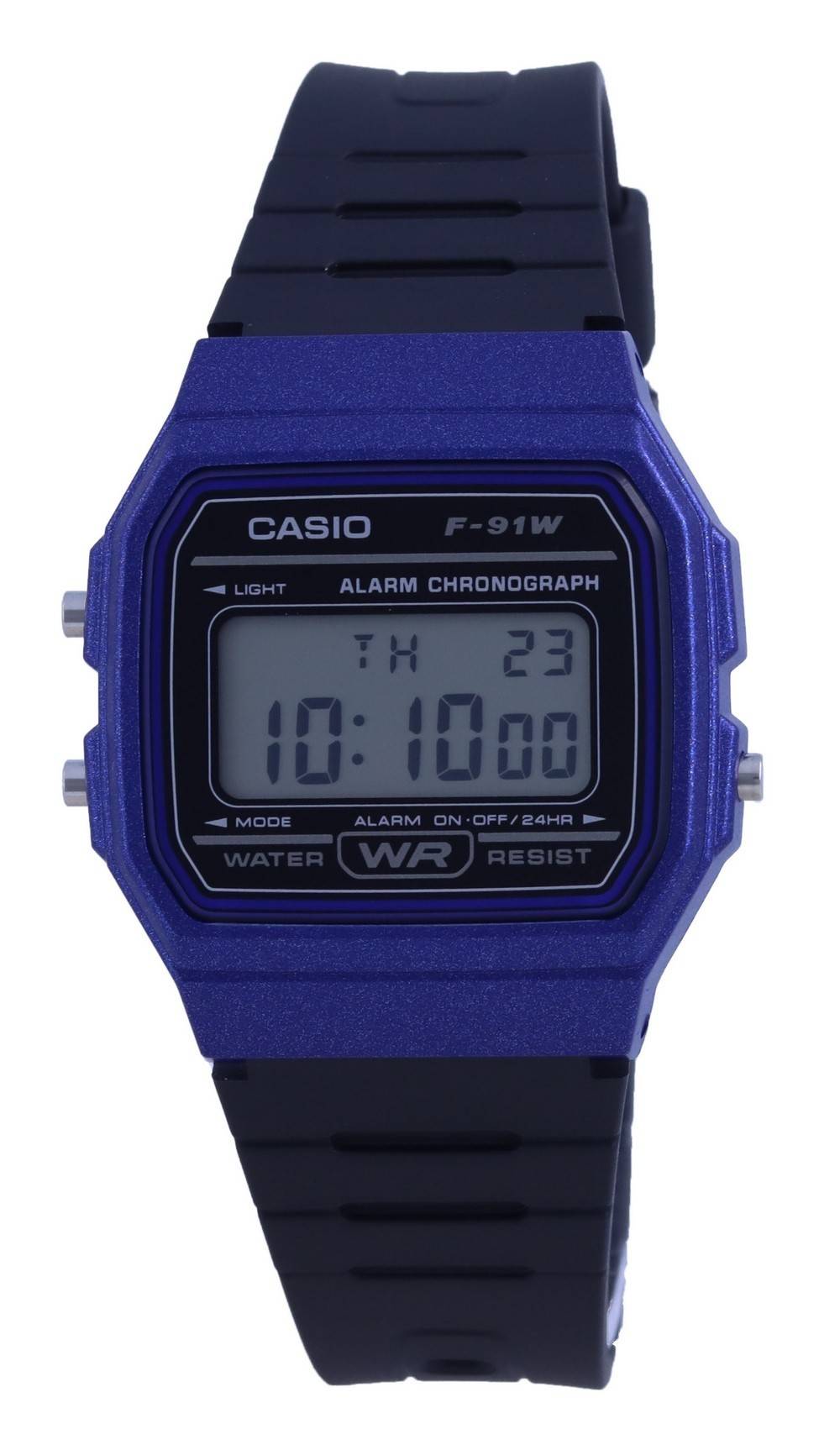 Casio Youth Alarm Black Male F-91WM-2A. A brand-new Casio Youth watch featuring a Black dial. Angled view.