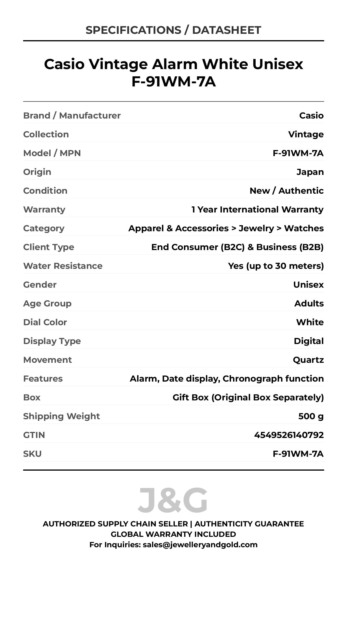 Casio Vintage Alarm White Unisex F-91WM-7A - Specifications