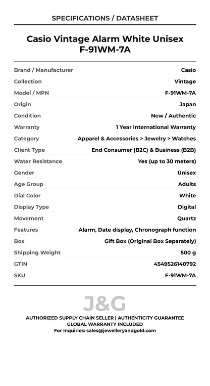 Casio Vintage Alarm White Unisex F-91WM-7A - Specifications