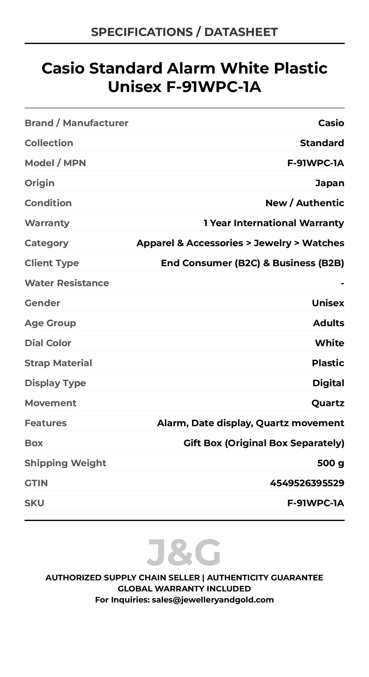 Casio Standard Alarm White Plastic Unisex F-91WPC-1A - Specifications