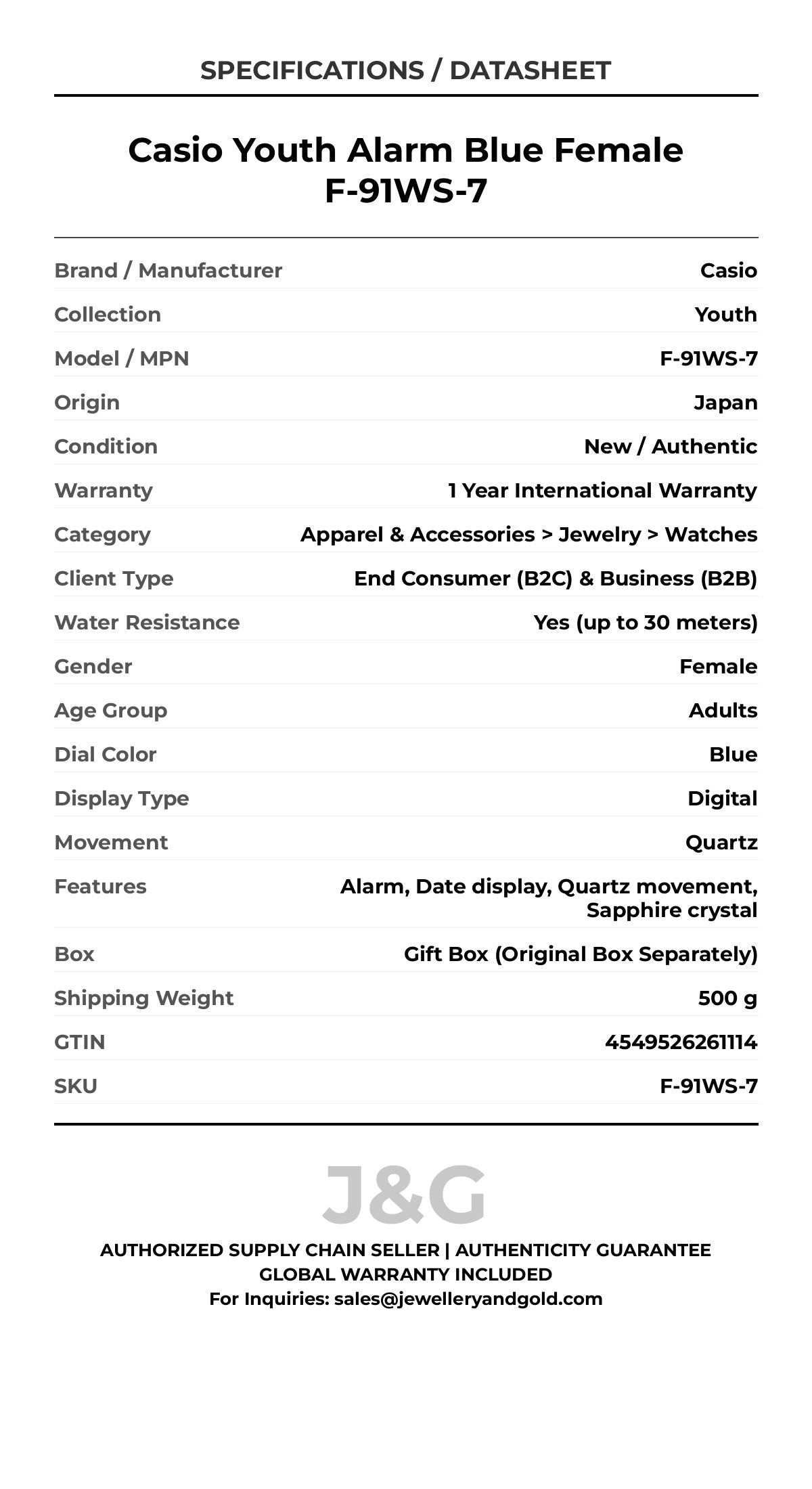 Casio Youth Alarm Blue Female F-91WS-7 - Specifications