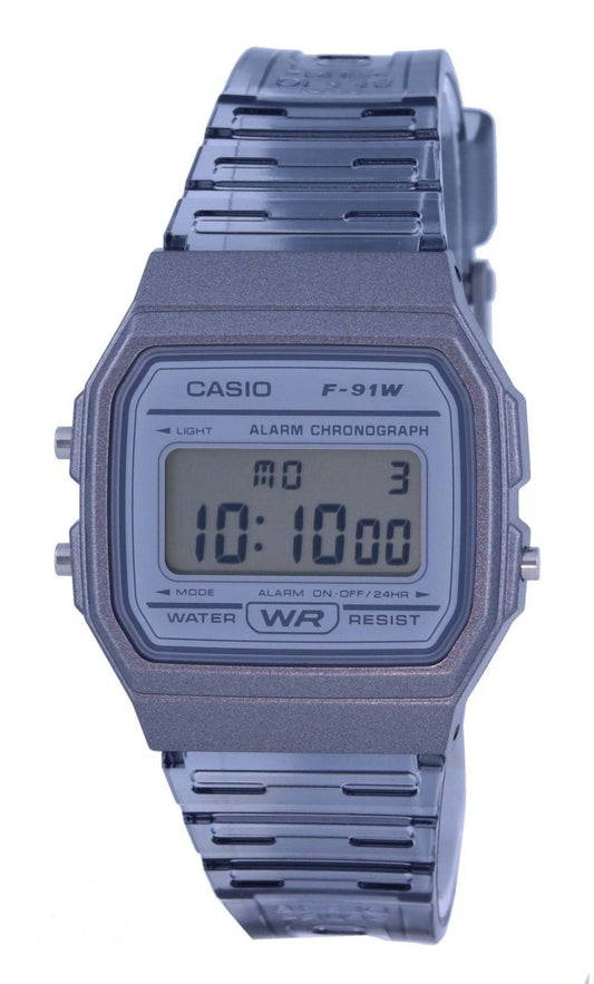 Casio Youth Alarm White Female F-91WS-8. A brand-new Casio Youth watch featuring a White dial. Angled view.