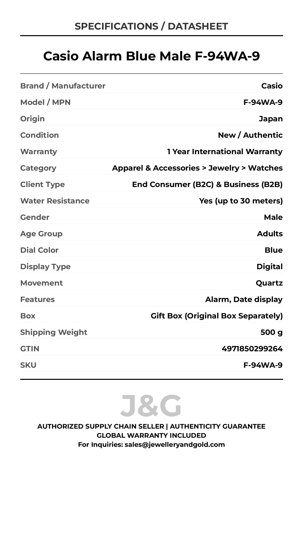 Casio Alarm Blue Male F-94WA-9 - Specifications