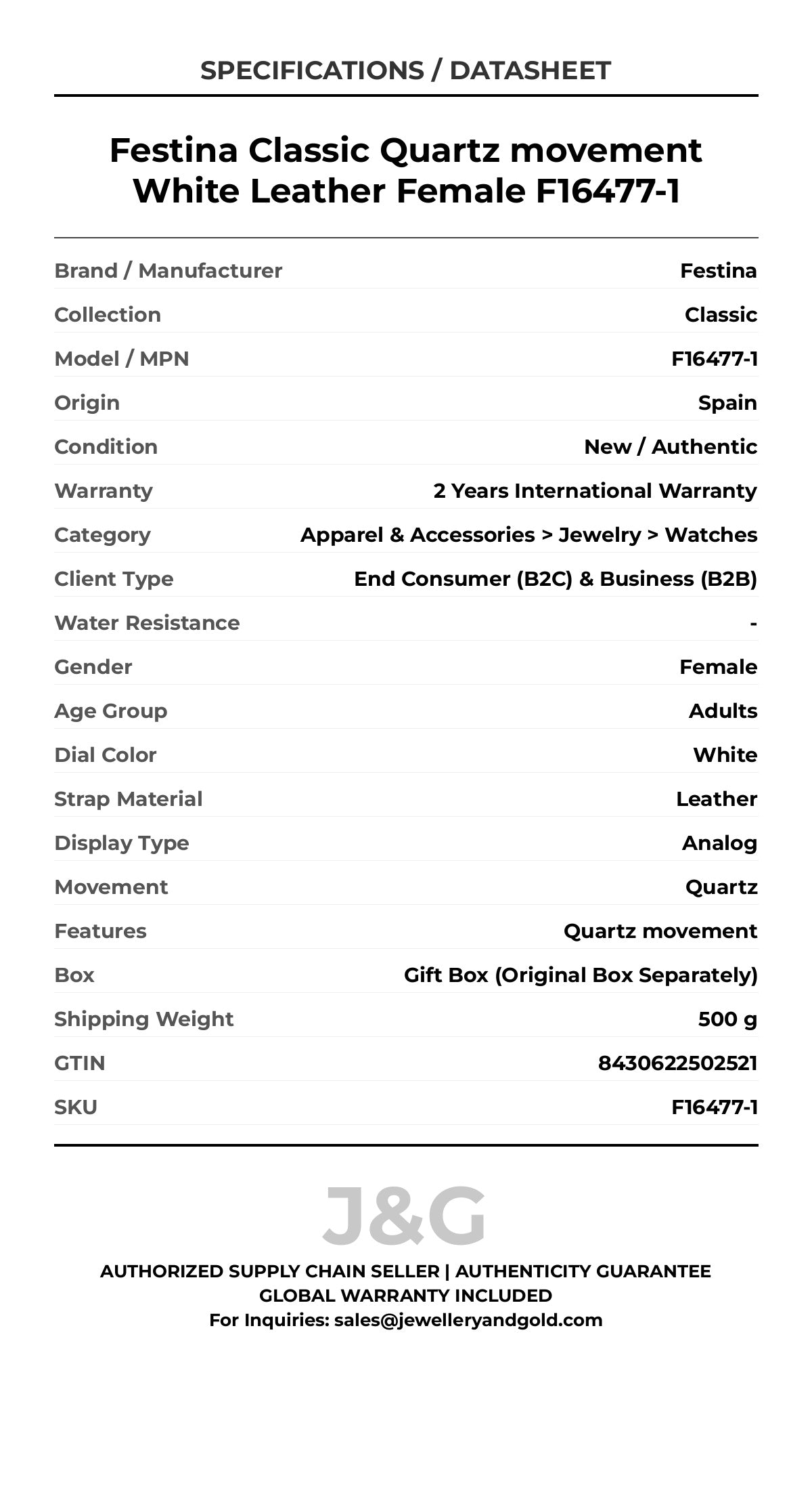 Festina Classic Quartz movement White Leather Female F16477-1 - Specifications