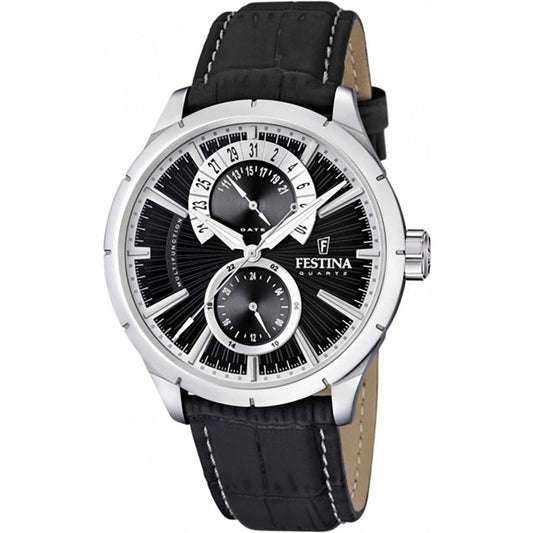 Festina Multifunction Date display Black Leather Male F16573-3. A brand-new Festina Multifunction watch featuring a Black dial and a Leather strap. Side view.
