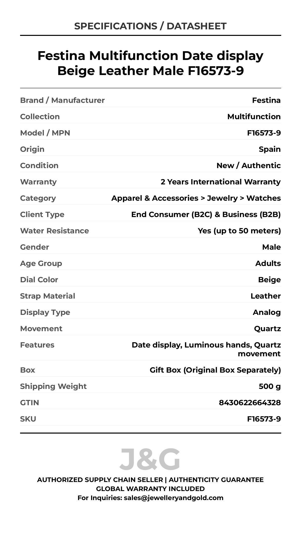 Festina Multifunction Date display Beige Leather Male F16573-9 - Specifications