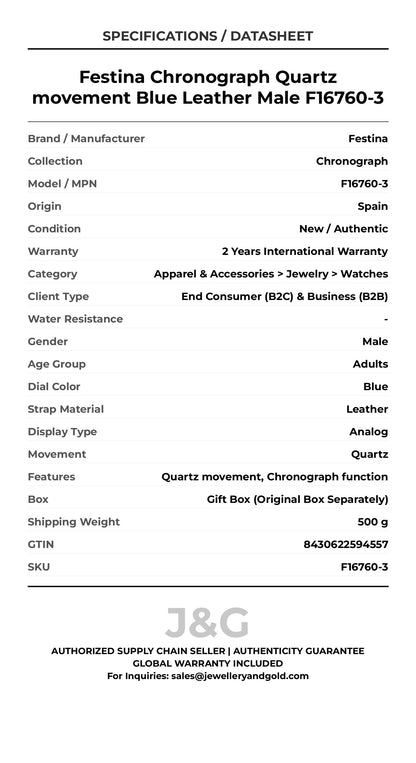 Festina Chronograph Quartz movement Blue Leather Male F16760-3 - Specifications