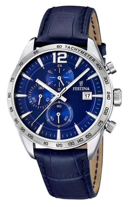 Festina Chronograph Quartz movement Blue Leather Male F16760-3. A brand-new Festina Chronograph watch featuring a Blue dial and a Leather strap. Angled view.