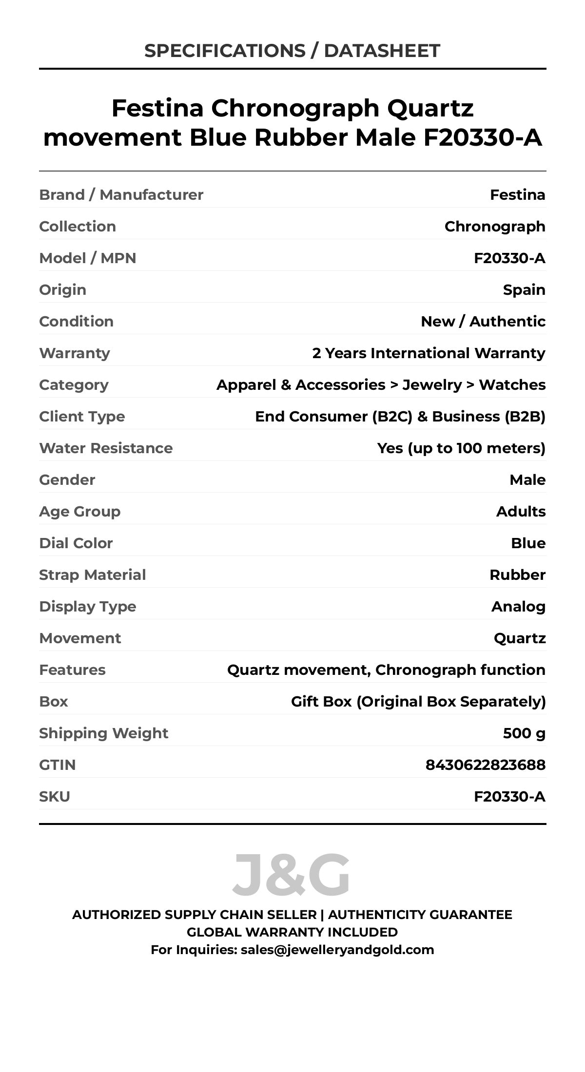 Festina Chronograph Quartz movement Blue Rubber Male F20330-A - Specifications