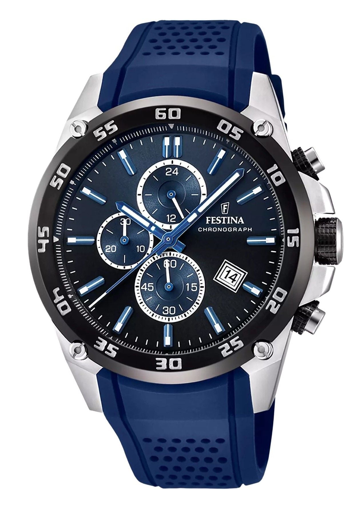 Festina Chronograph Quartz movement Blue Rubber Male F20330-A. A brand-new Festina Chronograph watch featuring a Blue dial and a Rubber strap. Front view.