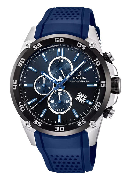 Festina Chronograph Quartz movement Blue Rubber Male F20330-A. A brand-new Festina Chronograph watch featuring a Blue dial and a Rubber strap. Front view.
