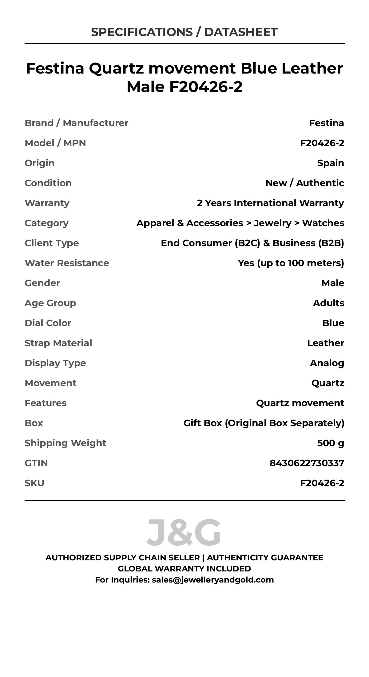 Festina Quartz movement Blue Leather Male F20426-2 - Specifications