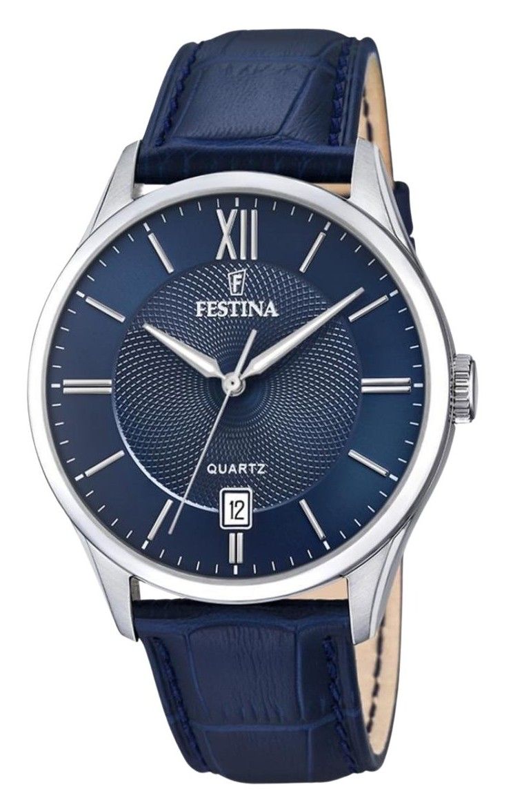 Festina Quartz movement Blue Leather Male F20426-2. A brand-new Festina watch featuring a Blue dial and a Leather strap. Front view.