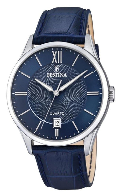 Festina Quartz movement Blue Leather Male F20426-2. A brand-new Festina watch featuring a Blue dial and a Leather strap. Front view.
