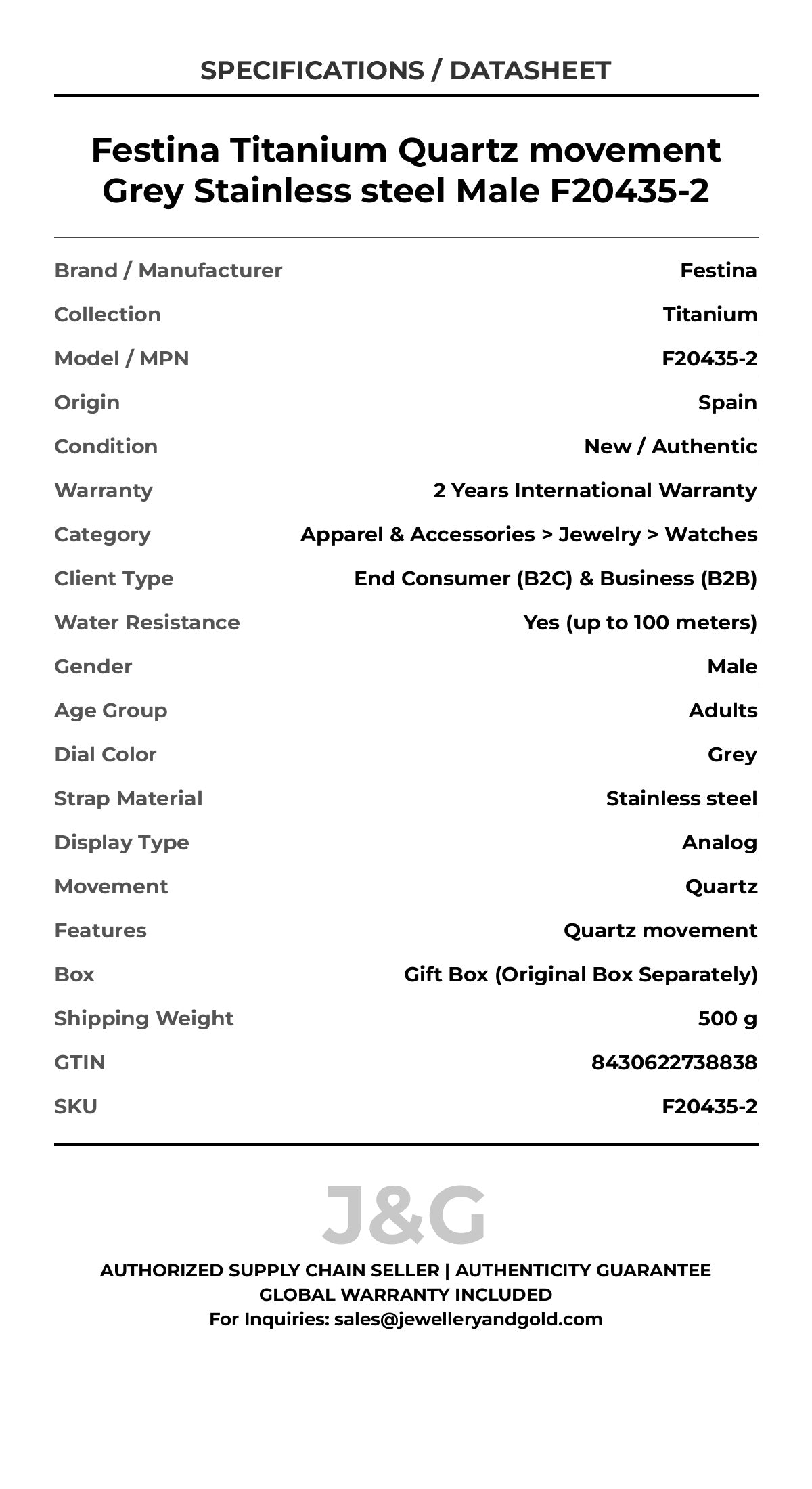 Festina Titanium Quartz movement Grey Stainless steel Male F20435-2 - Specifications