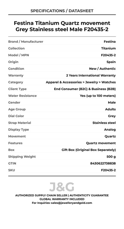 Festina Titanium Quartz movement Grey Stainless steel Male F20435-2 - Specifications