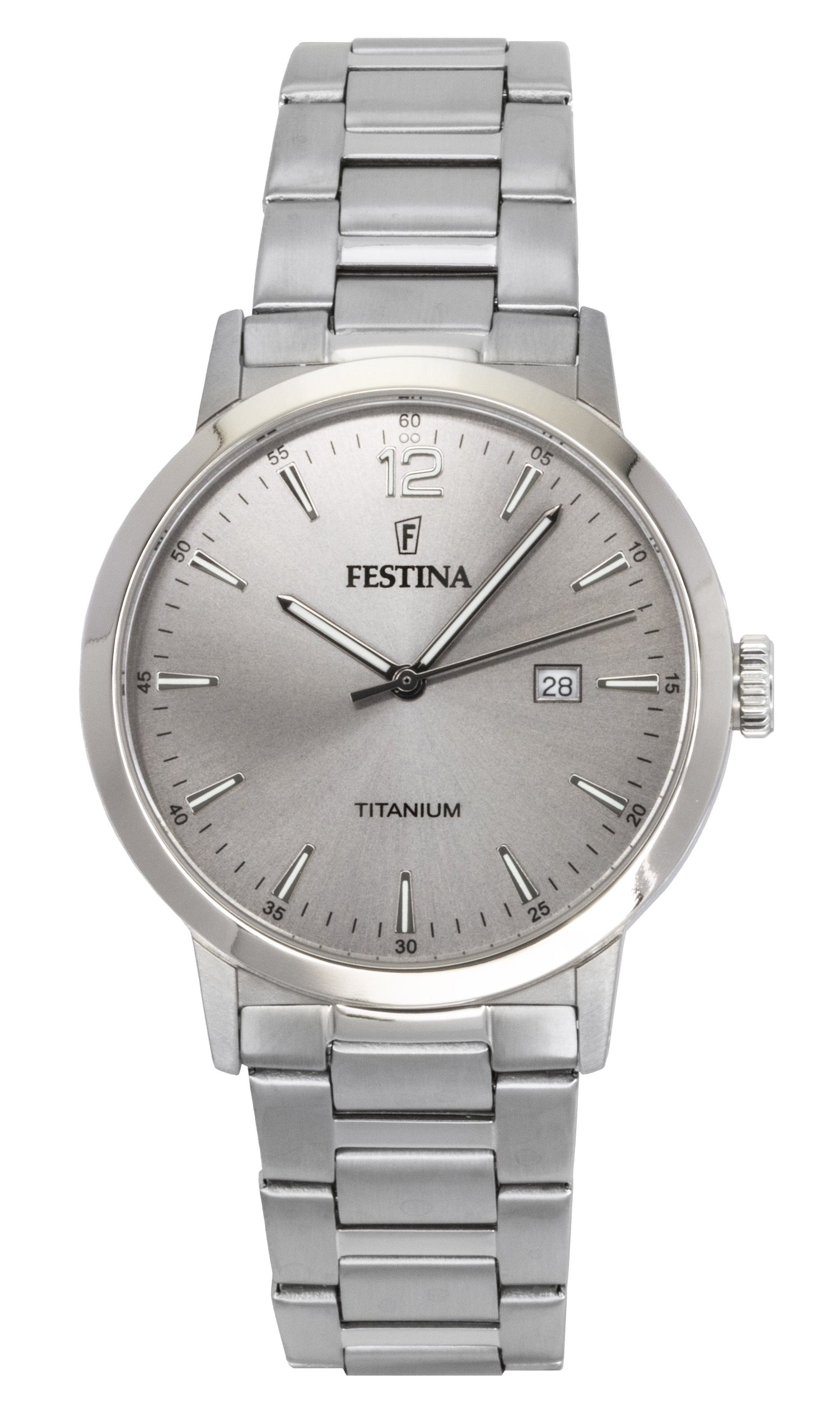 Festina Titanium Quartz movement Grey Stainless steel Male F20435-2. A brand-new Festina Titanium watch featuring a Grey dial and a Stainless steel strap. Front view.