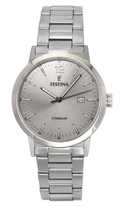 Festina Titanium Quartz movement Grey Stainless steel Male F20435-2. A brand-new Festina Titanium watch featuring a Grey dial and a Stainless steel strap. Front view.