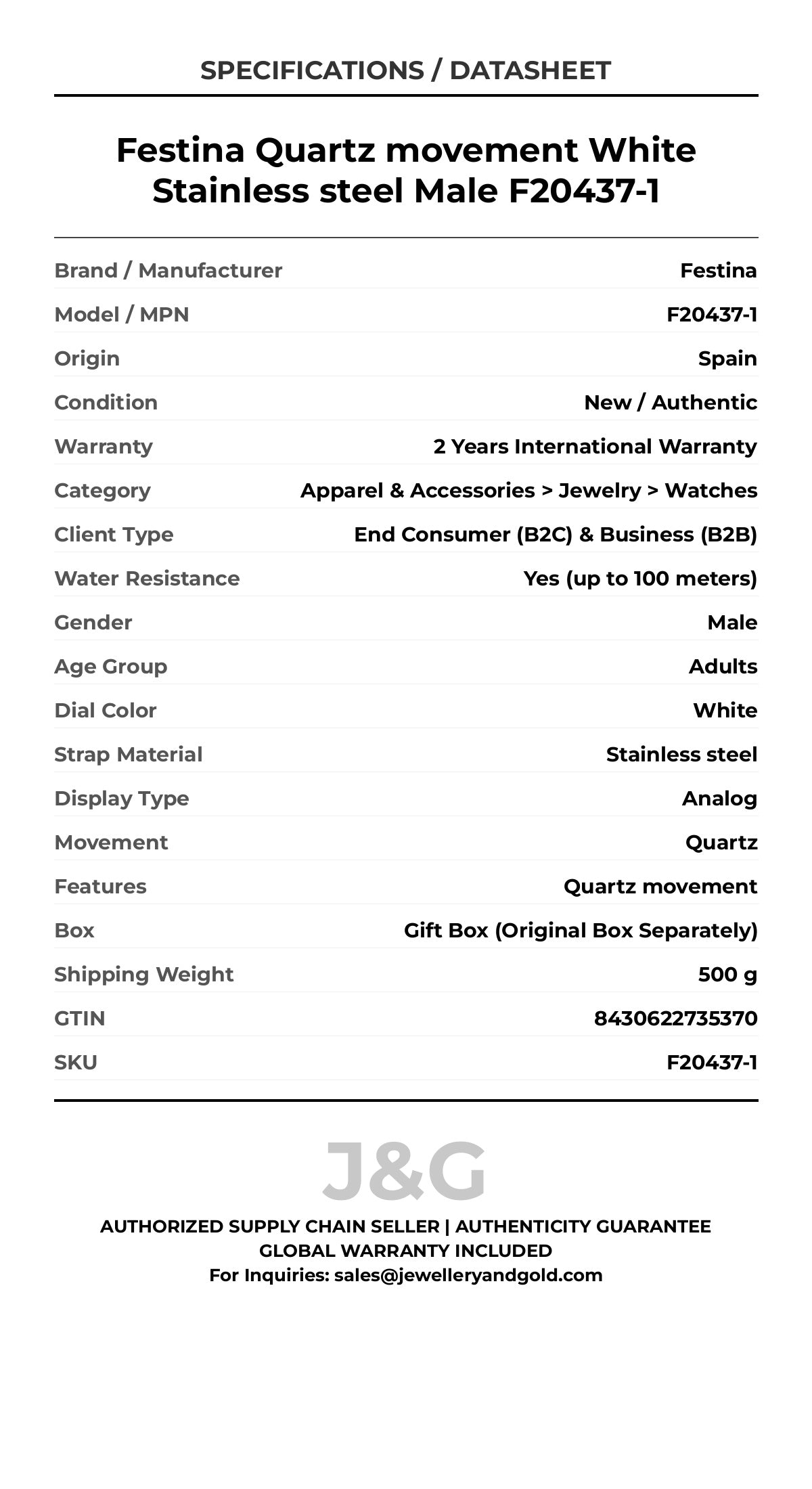 Festina Quartz movement White Stainless steel Male F20437-1 - Specifications