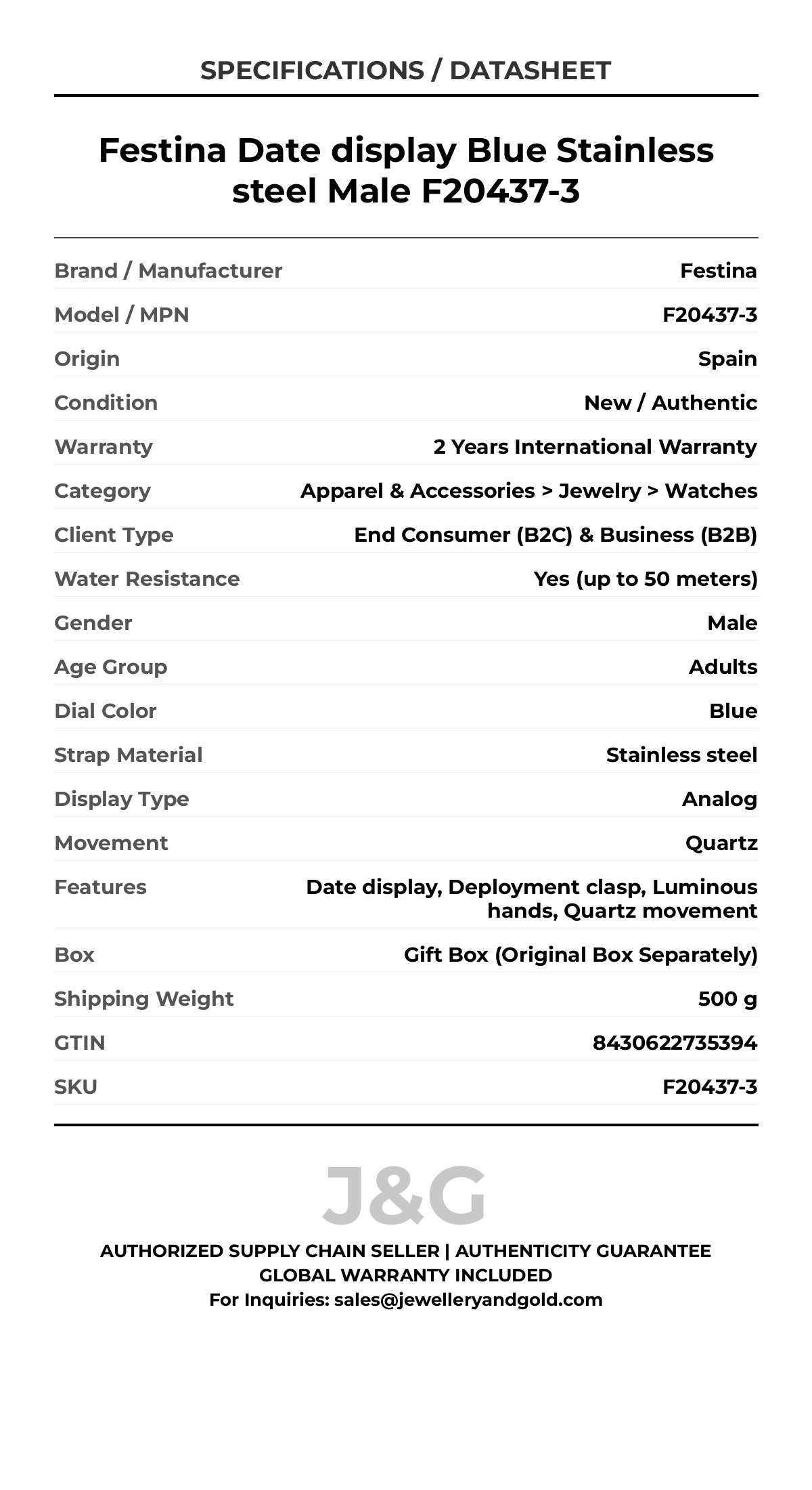 Festina Date display Blue Stainless steel Male F20437-3 - Specifications