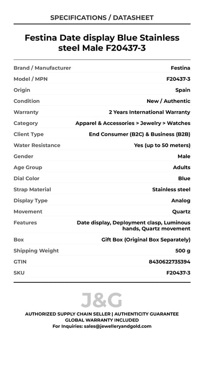 Festina Date display Blue Stainless steel Male F20437-3 - Specifications