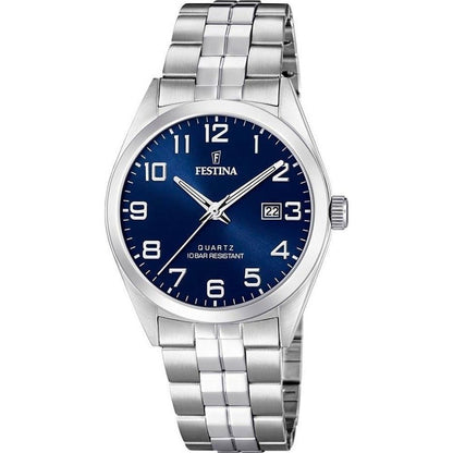 Festina Date display Blue Stainless steel Male F20437-3. A brand-new Festina watch featuring a Blue dial and a Stainless steel strap. Side view.