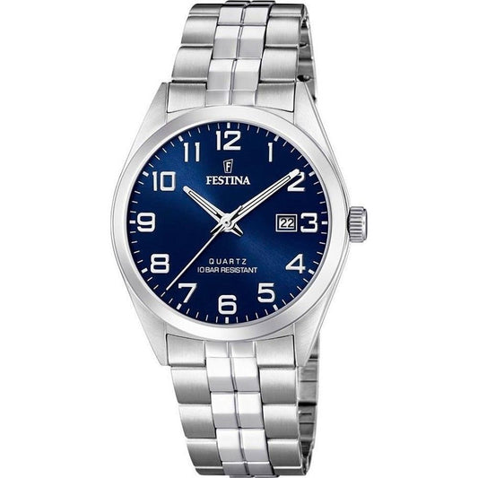 Festina Date display Blue Stainless steel Male F20437-3. A brand-new Festina watch featuring a Blue dial and a Stainless steel strap. Side view.