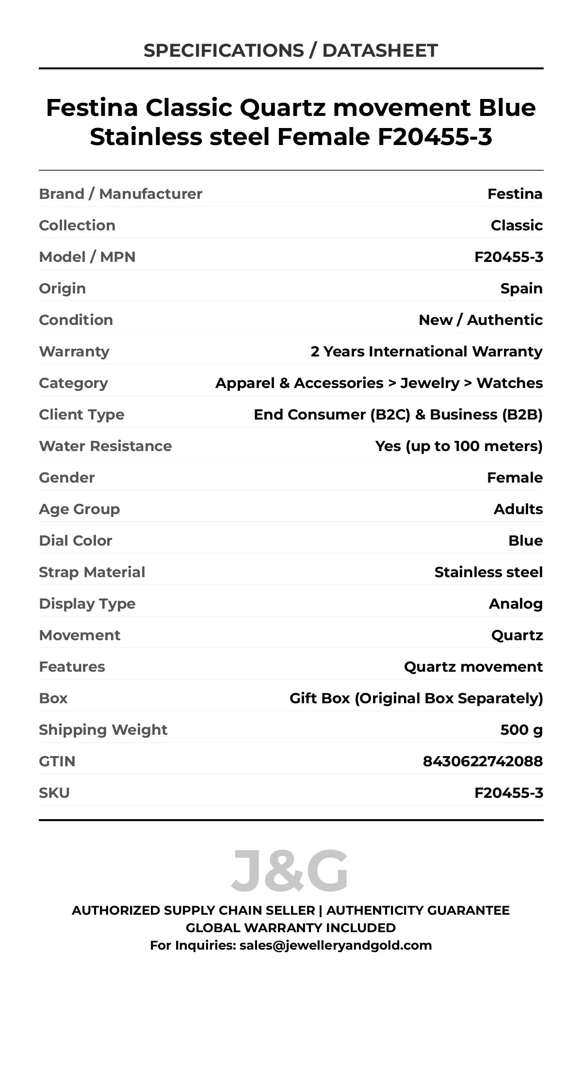 Festina Classic Quartz movement Blue Stainless steel Female F20455-3 - Specifications