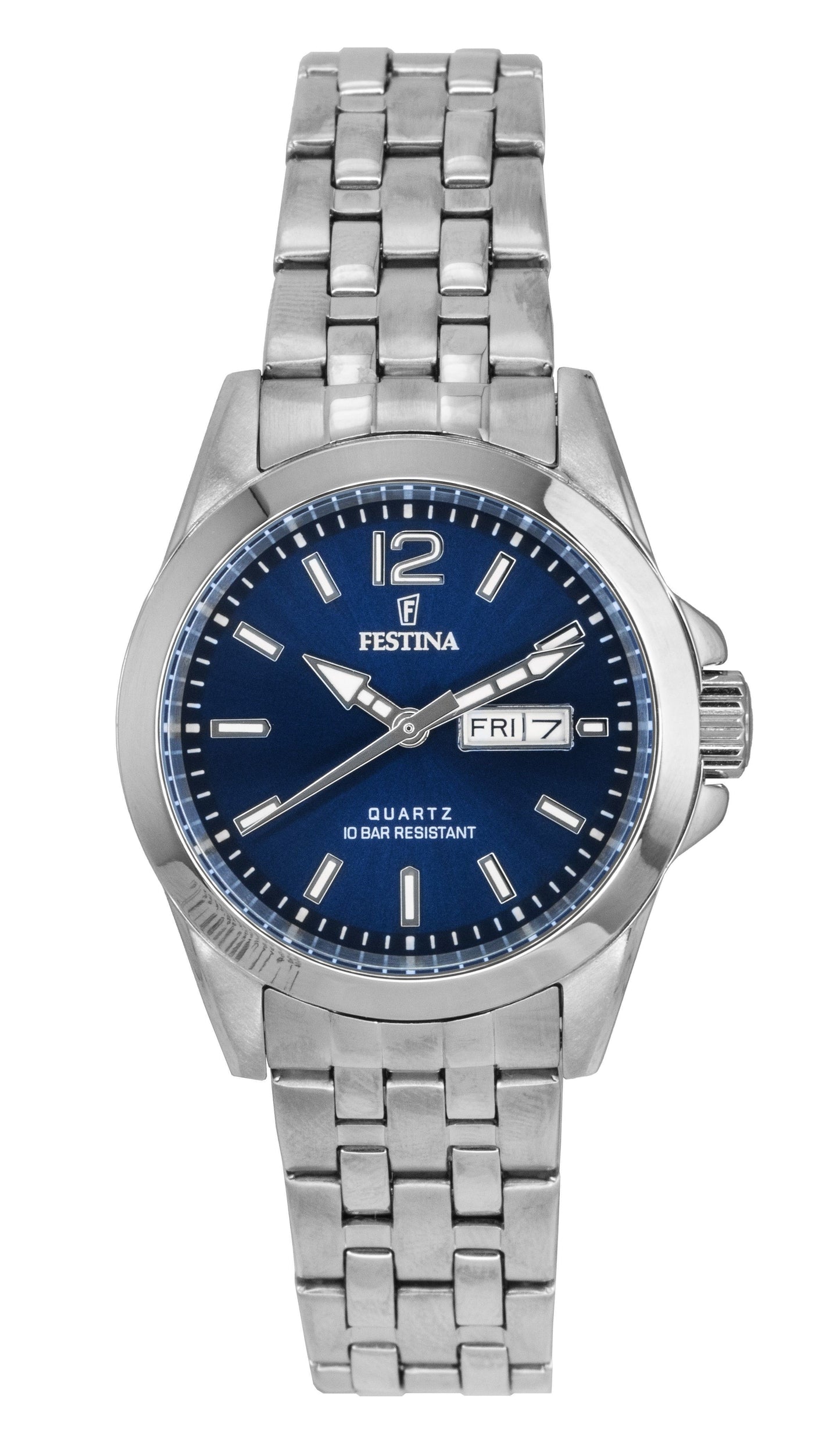 Festina Classic Quartz movement Blue Stainless steel Female F20455-3. A brand-new Festina Classic watch featuring a Blue dial and a Stainless steel strap. Side view.