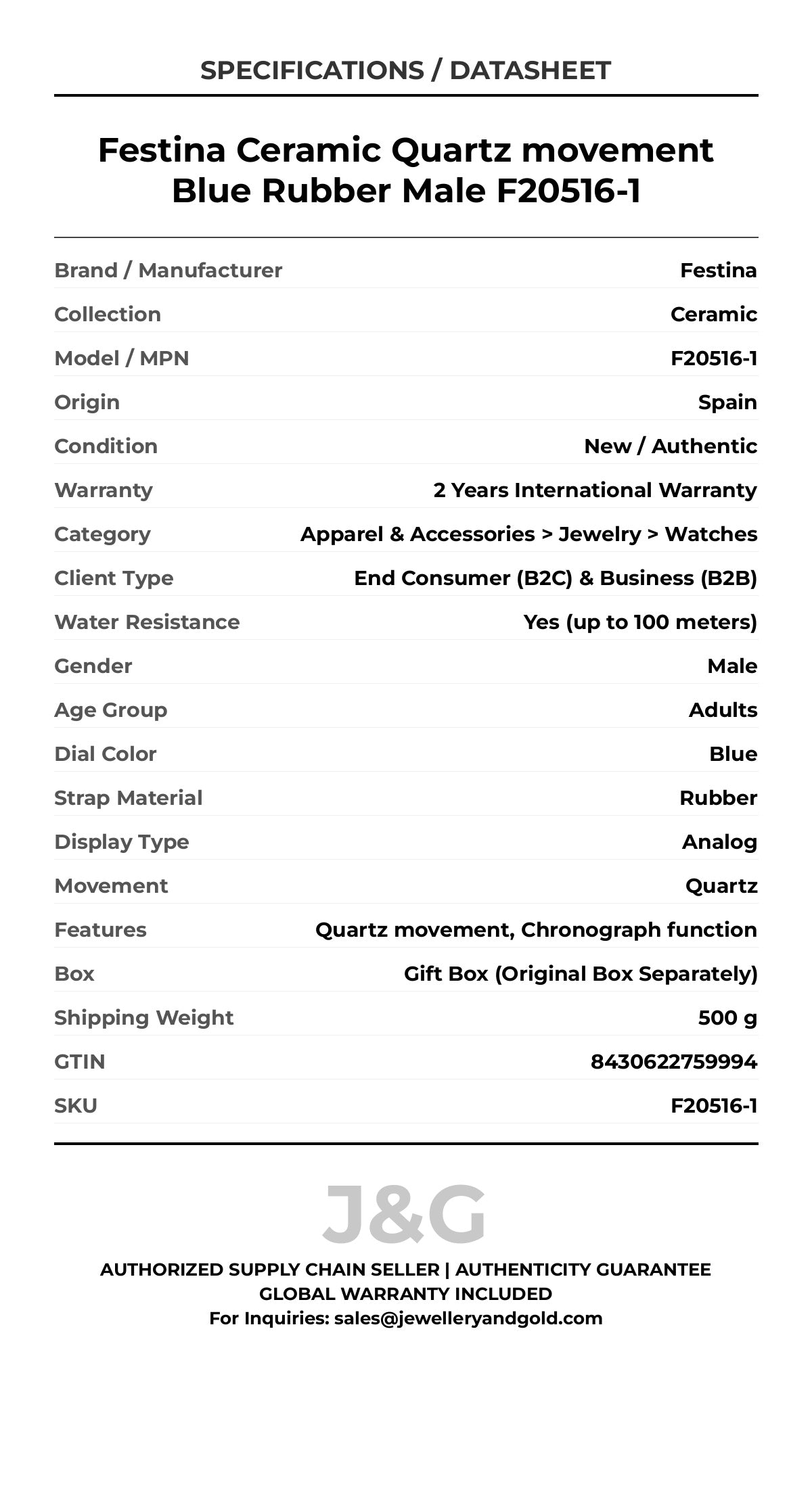 Festina Ceramic Quartz movement Blue Rubber Male F20516-1 - Specifications