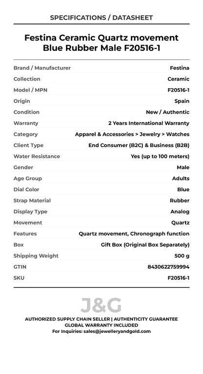 Festina Ceramic Quartz movement Blue Rubber Male F20516-1 - Specifications