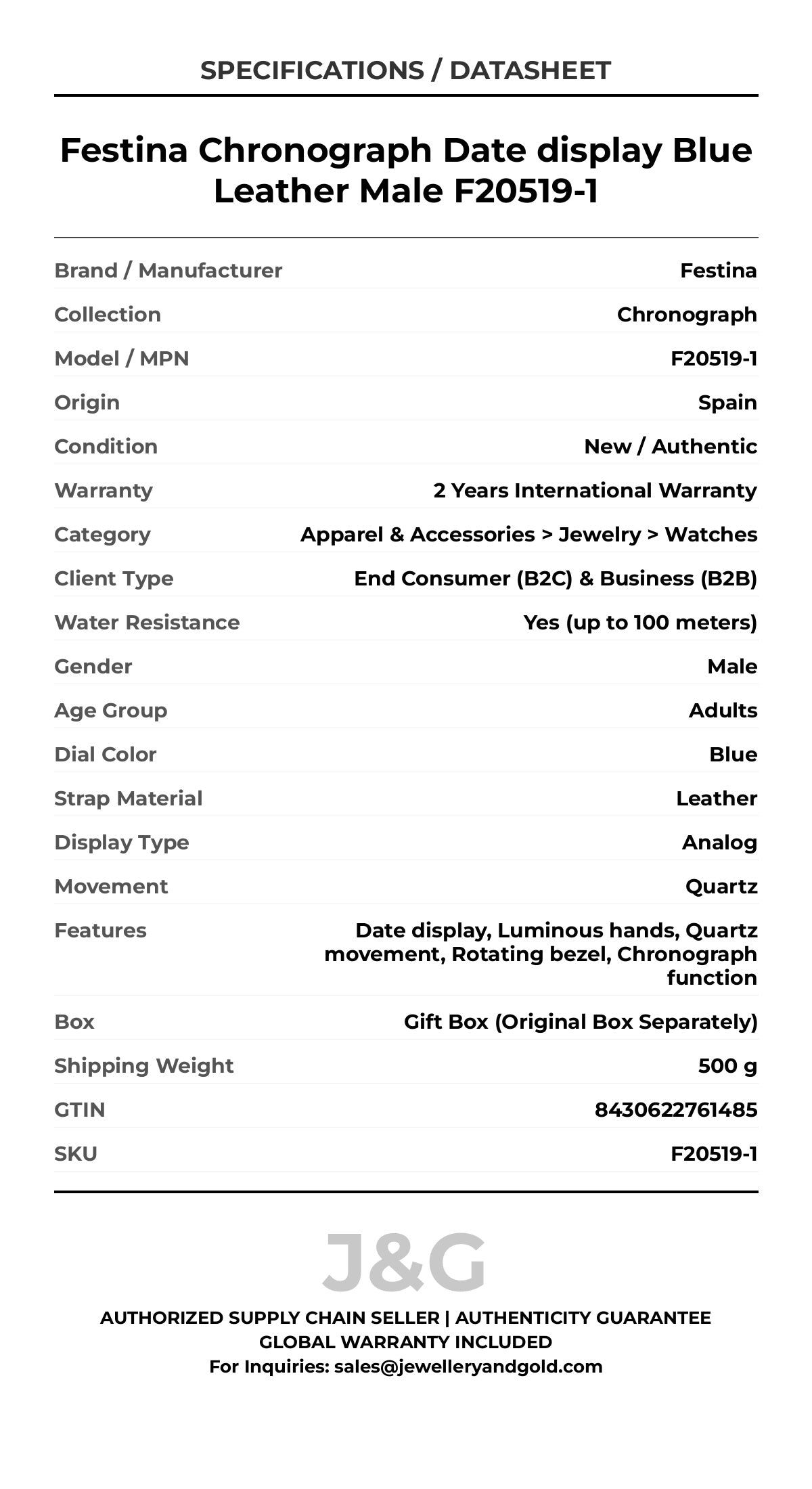 Festina Chronograph Date display Blue Leather Male F20519-1 - Specifications