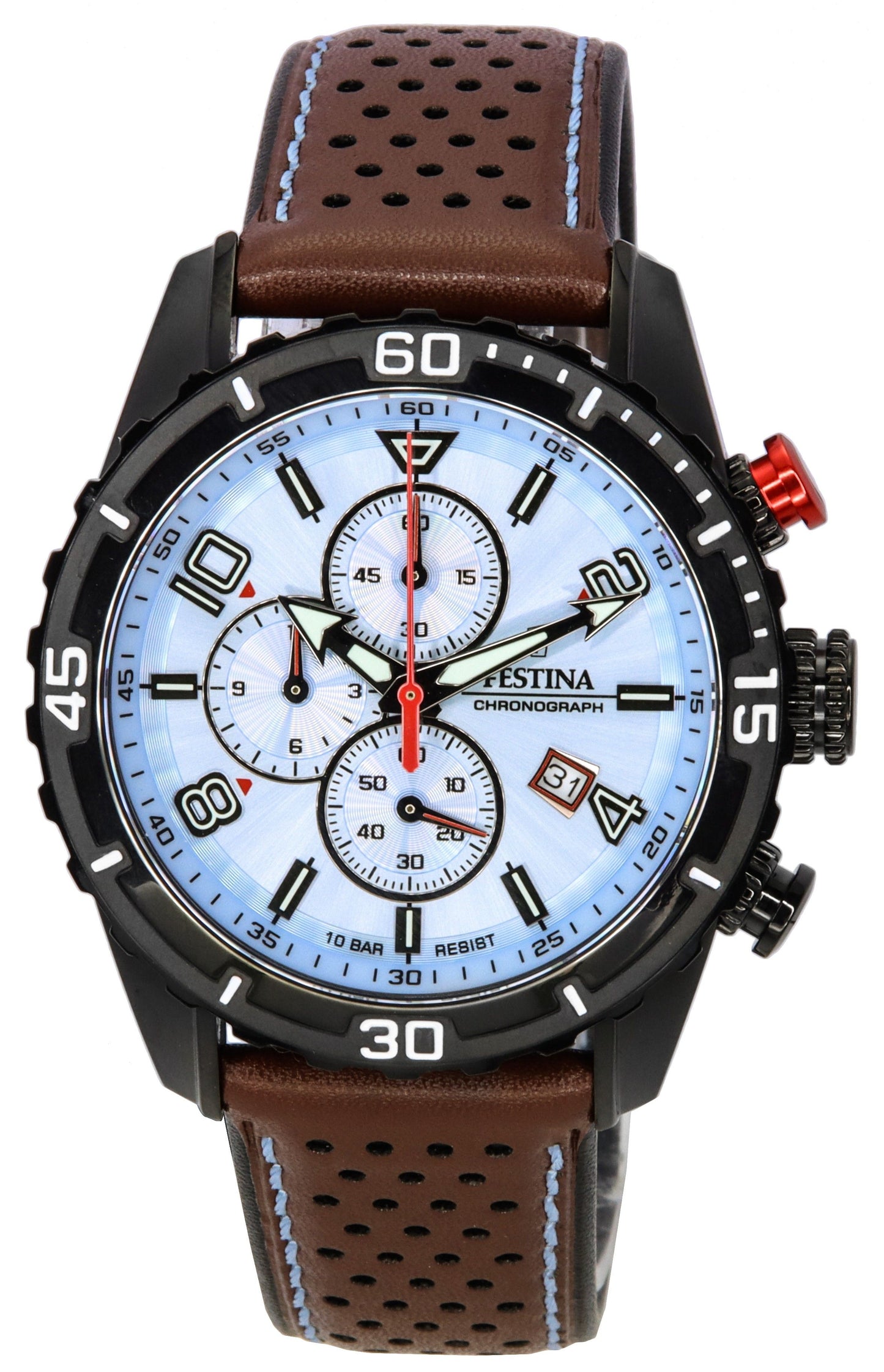 Festina Chronograph Date display Blue Leather Male F20519-1. A brand-new Festina Chronograph watch featuring a Blue dial and a Leather strap. Angled view.