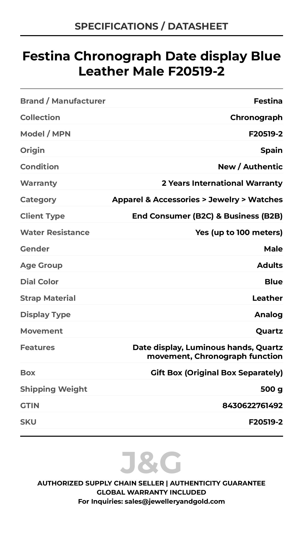 Festina Chronograph Date display Blue Leather Male F20519-2 - Specifications