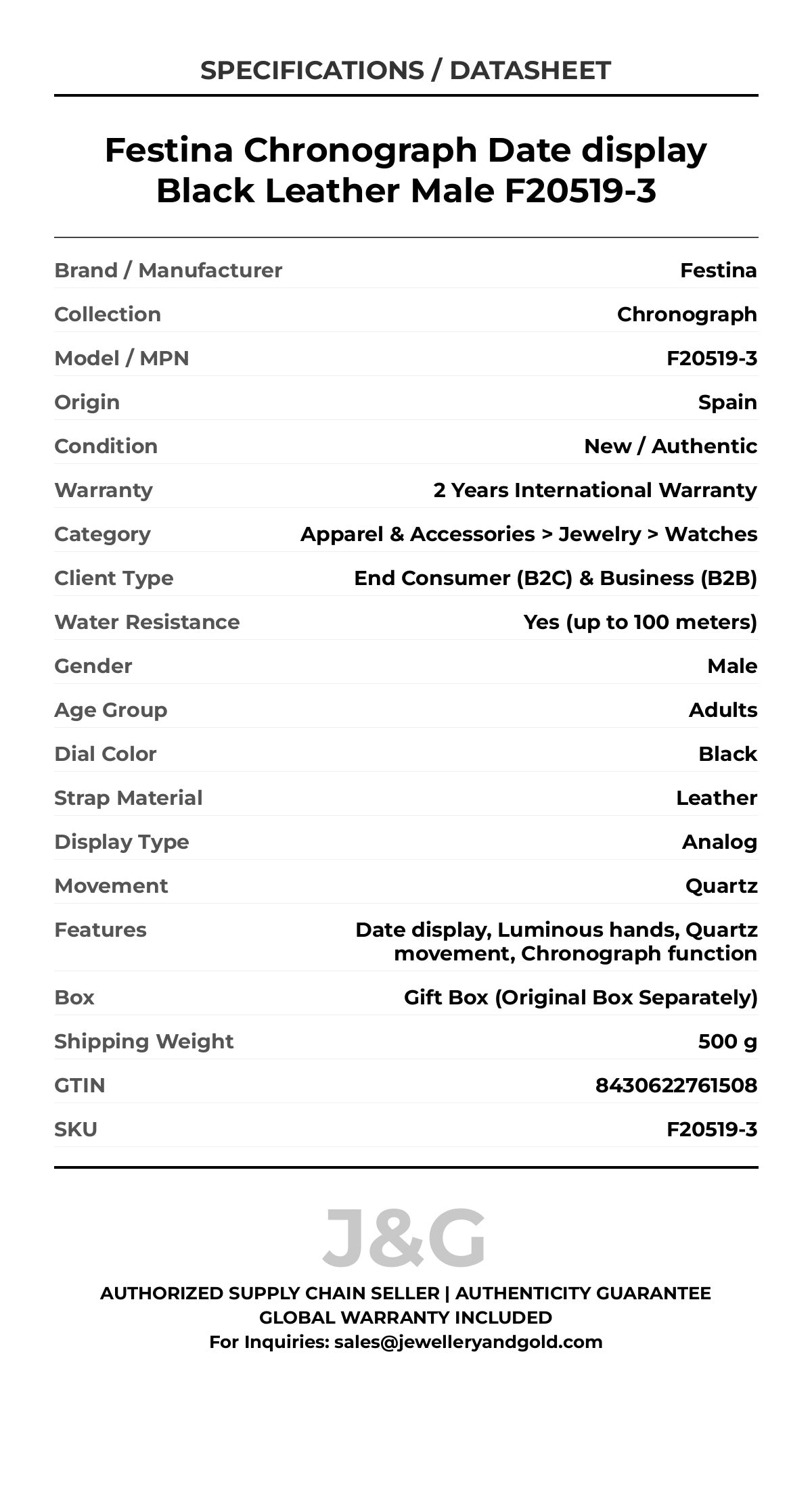Festina Chronograph Date display Black Leather Male F20519-3 - Specifications
